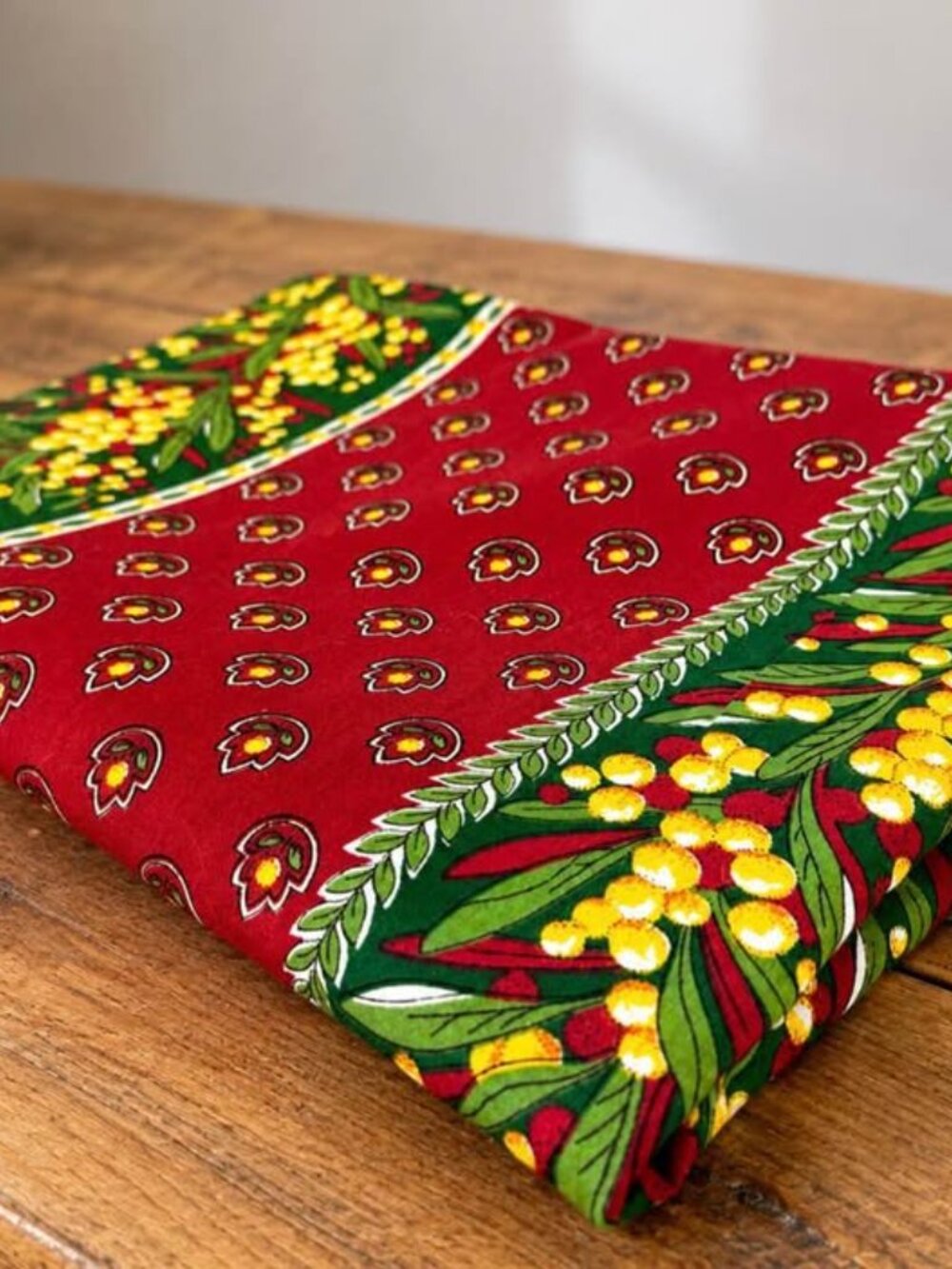Authentic French Provençal Tablecloth – Red & Yellow Mimosa Floral Print – Never